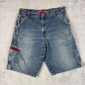 Tommy Hilfiger Shorts Mens 33 Blue Denim Cargo Vintage 90s Jorts Skater Baggy